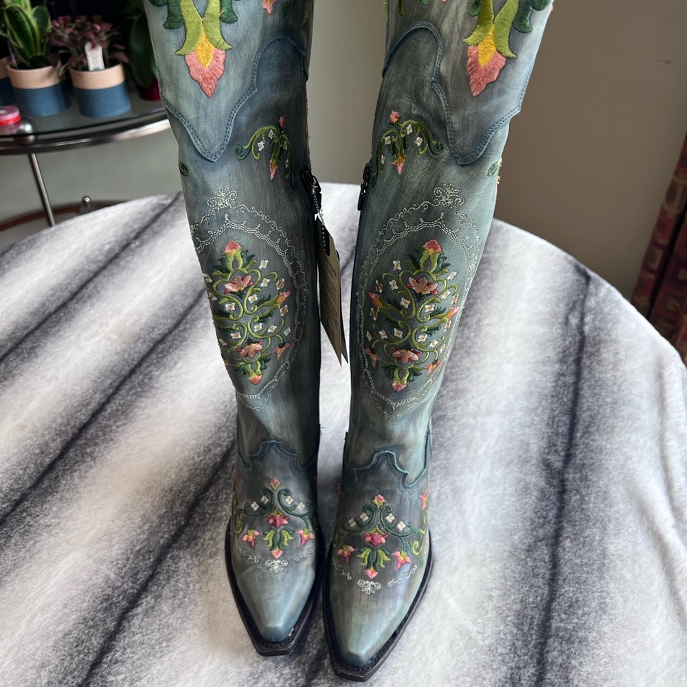 Dan Post Teal Embroidered Knee-High Heeled Boots